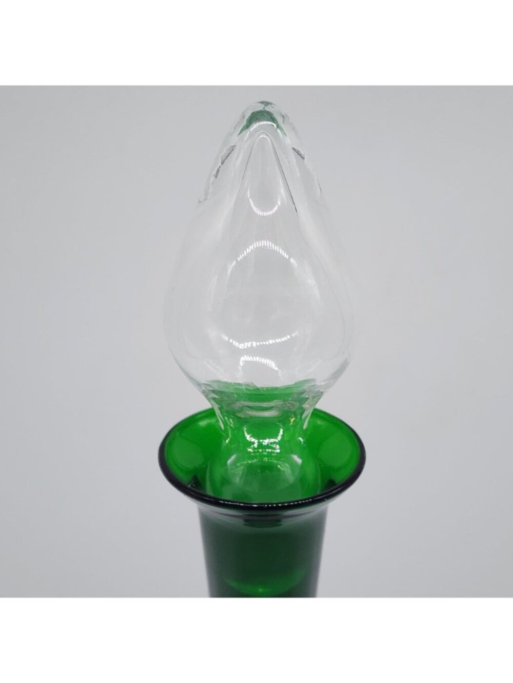 MCM Green Glass Decanter Hourglass Shape Clear Stopper & Base VTG 15" - Picture 6 of 6